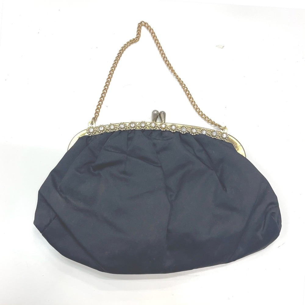 Vintage Black Satin Evening Clutch Gold Rhinestone Kiss Lock Frame Bag